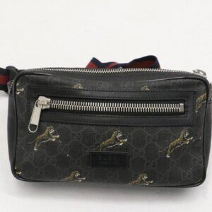 GUCCI Logo GG Pattern Tiger Bum Bag Supreme Leather - Black